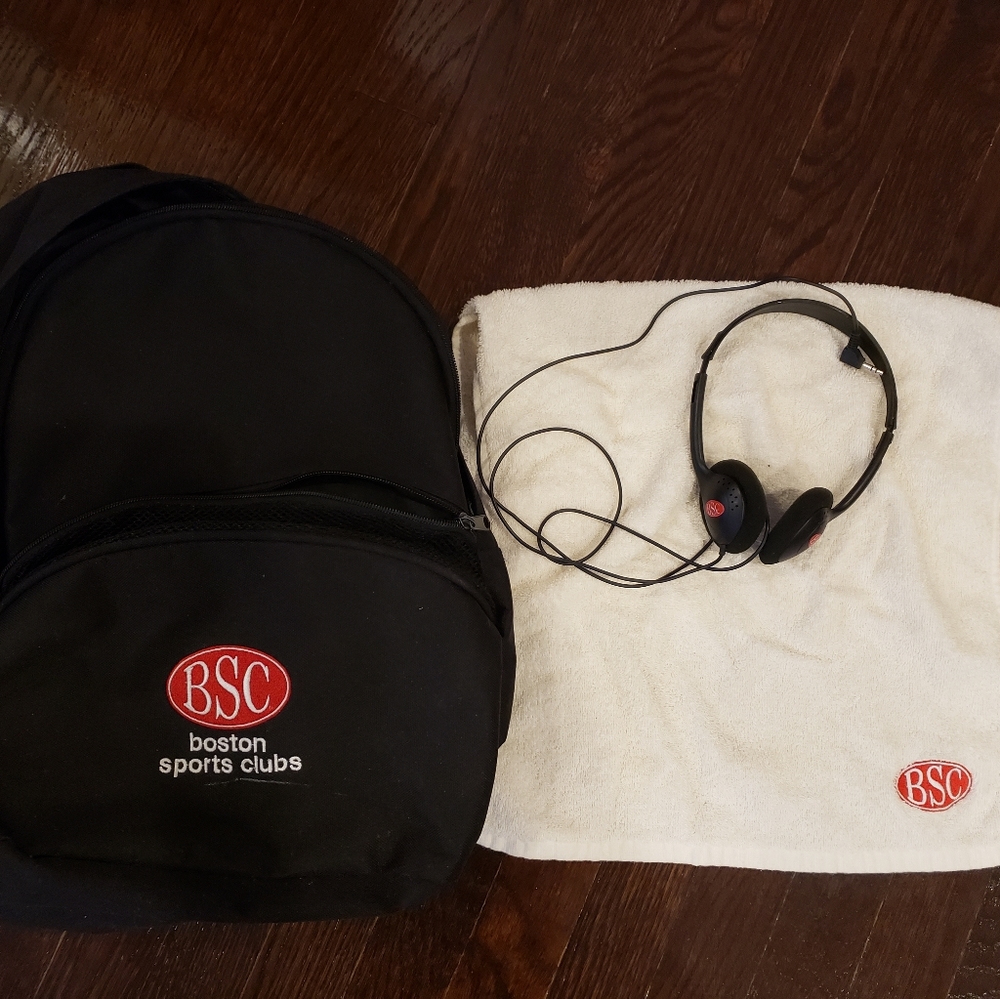 BSC Boston Sports Club backpack, headphones and to